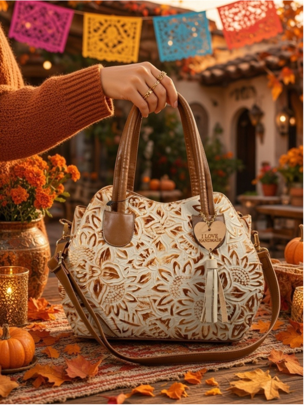 Light Beige Off White Gold Brown Sunflower Embossed Artisan LEATHER Purse Bag